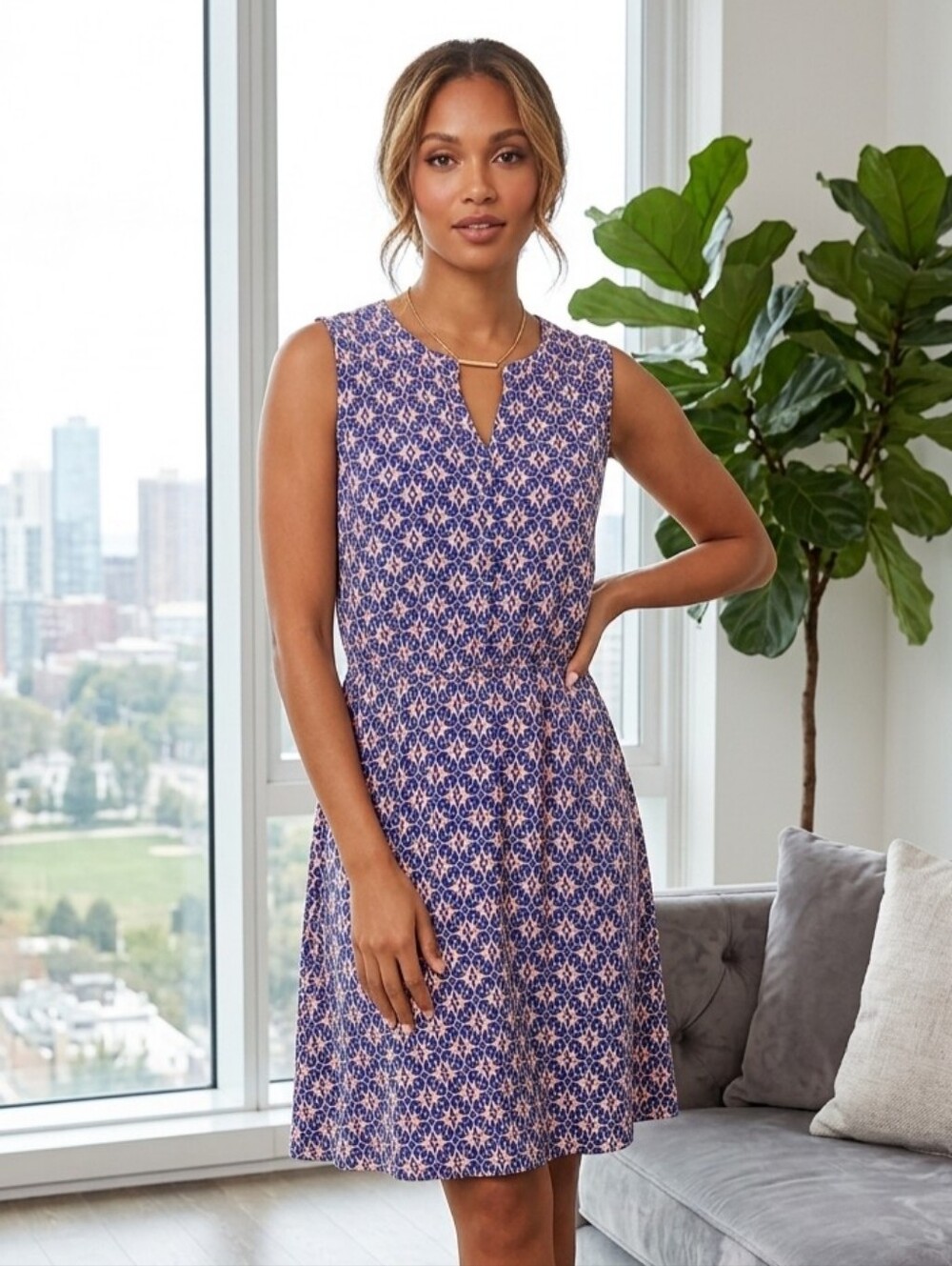 41 Hawthorn Blue and Pink Printed Sleeveless Midi Dress